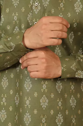 cotton blend printed olive roll-up sleeves short kurta