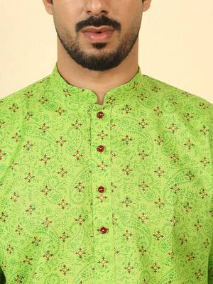 cotton blend floral printed green roll-up sleeves short kurta 2