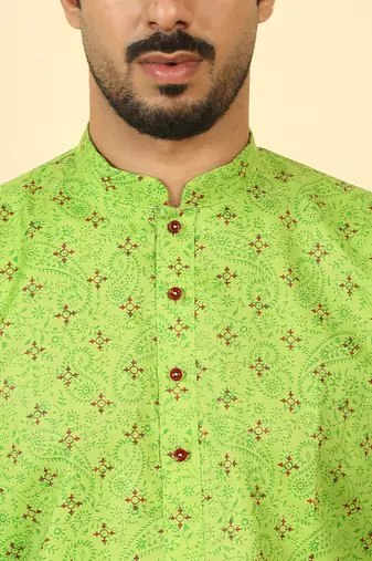 cotton blend floral printed green roll-up sleeves short kurta