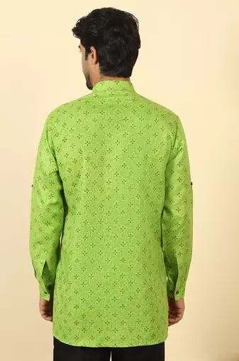 cotton blend floral printed green roll-up sleeves short kurta