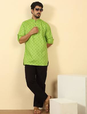 cotton blend floral printed green roll-up sleeves short kurta 4