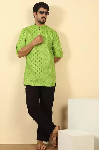 cotton blend floral printed green roll-up sleeves short kurta