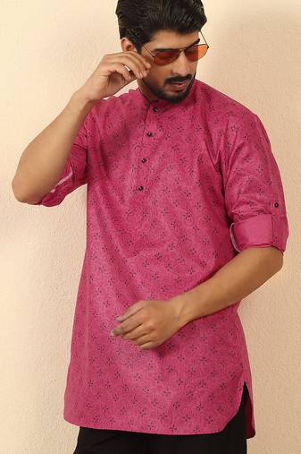 cotton blend floral printed pink roll-up sleeves short kurta