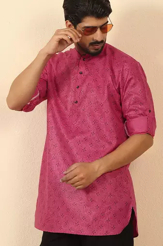 cotton blend floral printed pink roll-up sleeves short kurta