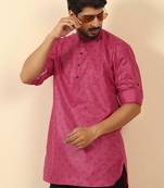 cotton blend floral printed pink roll-up sleeves short kurta