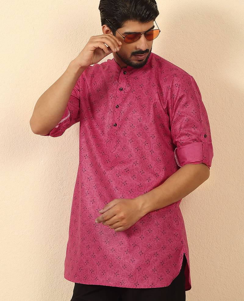 cotton blend floral printed pink roll-up sleeves short kurta