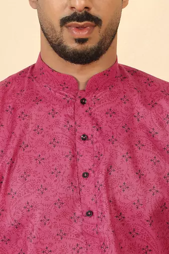 cotton blend floral printed pink roll-up sleeves short kurta