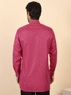 cotton blend floral printed pink roll-up sleeves short kurta 3