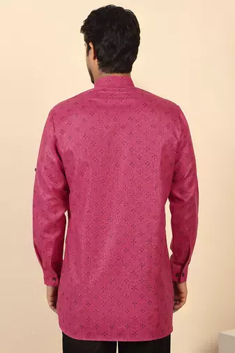 cotton blend floral printed pink roll-up sleeves short kurta
