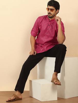 cotton blend floral printed pink roll-up sleeves short kurta 4
