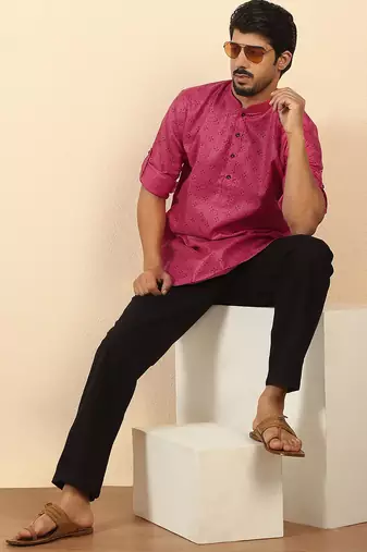 cotton blend floral printed pink roll-up sleeves short kurta