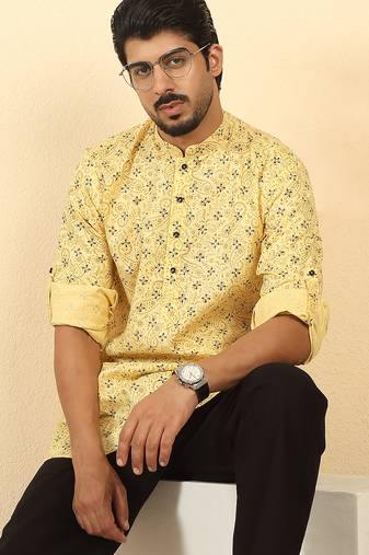 cotton blend floral printed yellow roll-up sleeves short kurta