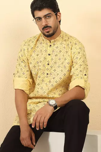 cotton blend floral printed yellow roll-up sleeves short kurta
