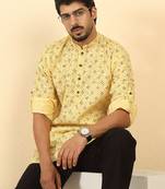 cotton blend floral printed yellow roll-up sleeves short kurta