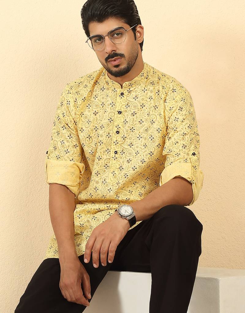 cotton blend floral printed yellow roll-up sleeves short kurta