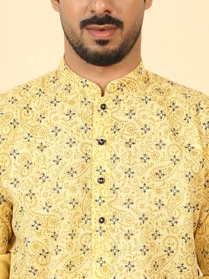 cotton blend floral printed yellow roll-up sleeves short kurta 2