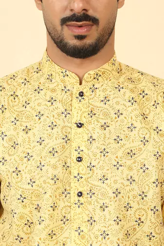 cotton blend floral printed yellow roll-up sleeves short kurta