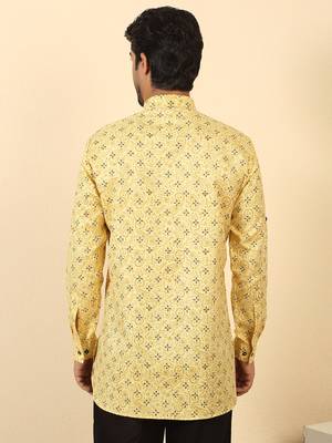 cotton blend floral printed yellow roll-up sleeves short kurta 3
