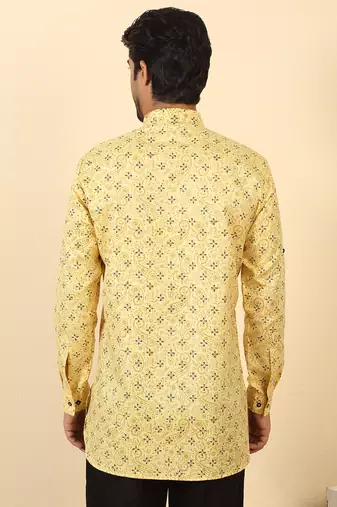 cotton blend floral printed yellow roll-up sleeves short kurta