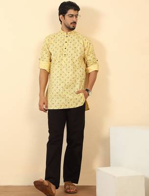 cotton blend floral printed yellow roll-up sleeves short kurta 4
