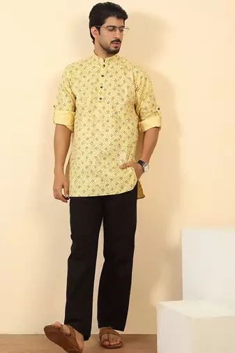cotton blend floral printed yellow roll-up sleeves short kurta