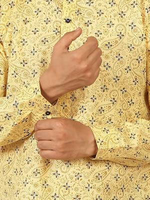 cotton blend floral printed yellow roll-up sleeves short kurta 5