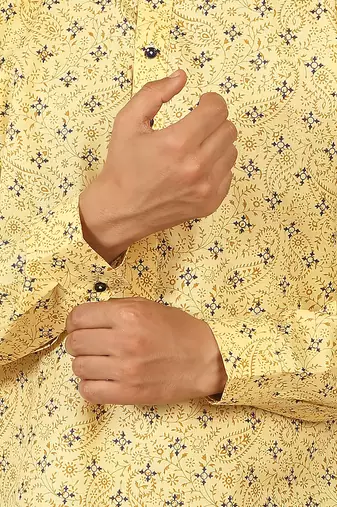 cotton blend floral printed yellow roll-up sleeves short kurta
