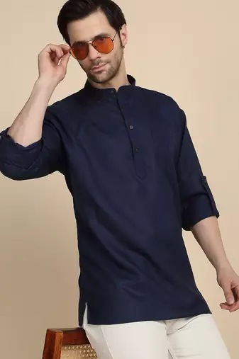 cotton blend solid navy blue short kurta