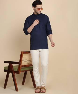 cotton blend solid navy blue short kurta 4