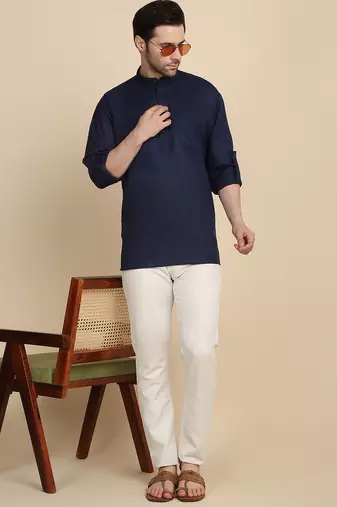 cotton blend solid navy blue short kurta