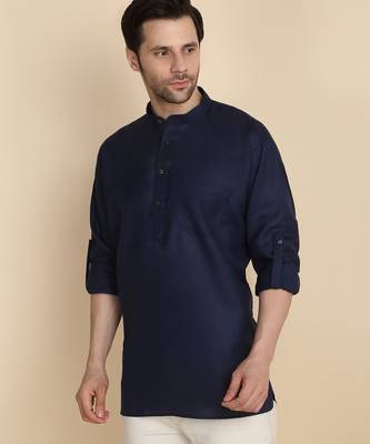 cotton blend solid navy blue short kurta 5