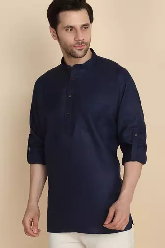 cotton blend solid navy blue short kurta