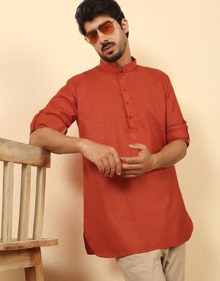cotton blend solid orange short kurta 1