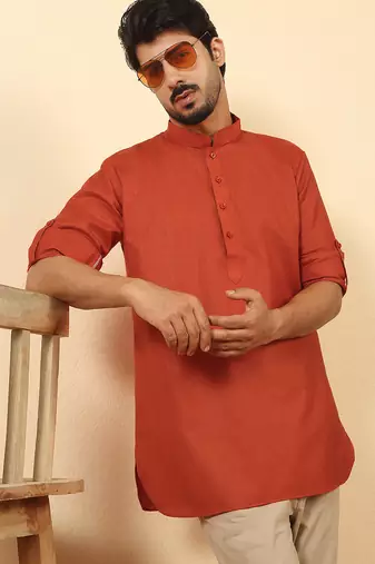 cotton blend solid orange short kurta