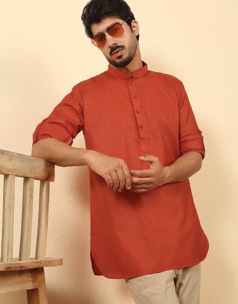cotton blend solid orange short kurta