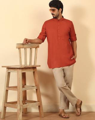 cotton blend solid orange short kurta 4