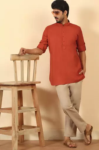 cotton blend solid orange short kurta