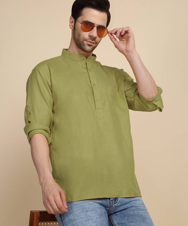 cotton blend solid green short kurta