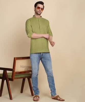 cotton blend solid green short kurta 4