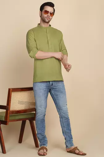 cotton blend solid green short kurta