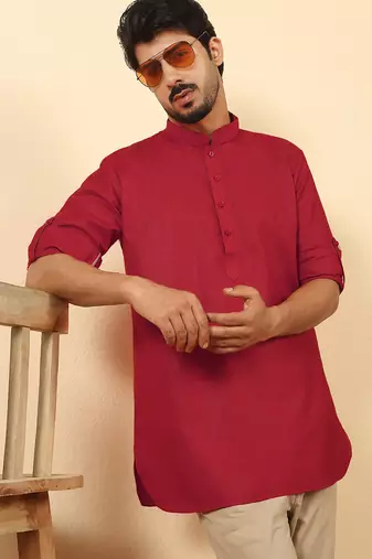 cotton blend solid red short kurta
