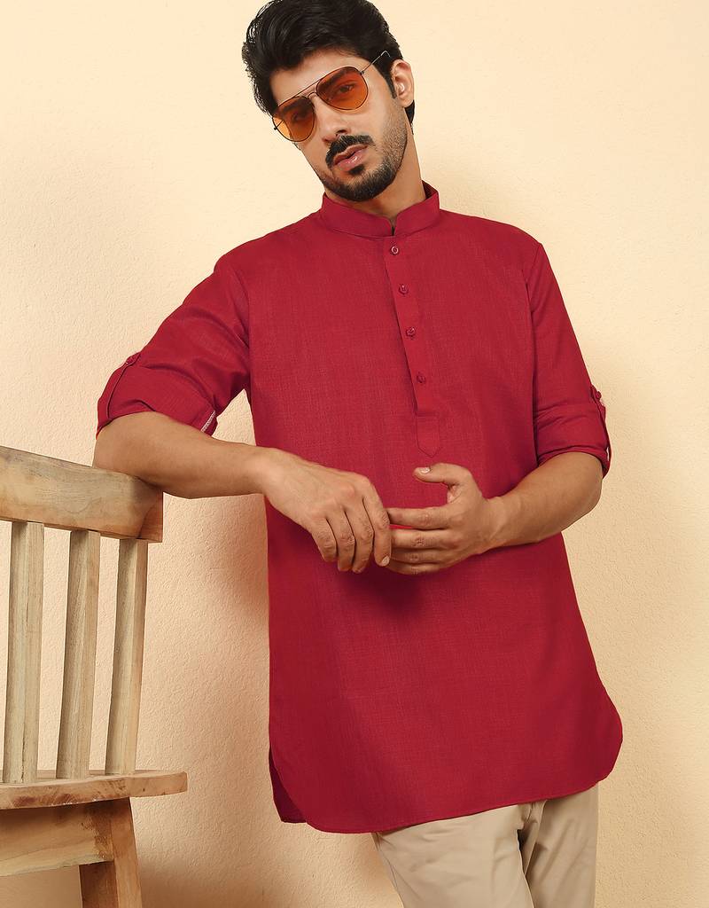 cotton blend solid red short kurta
