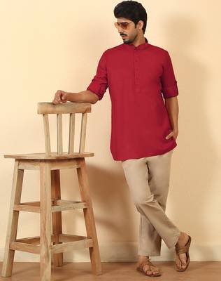 cotton blend solid red short kurta 4