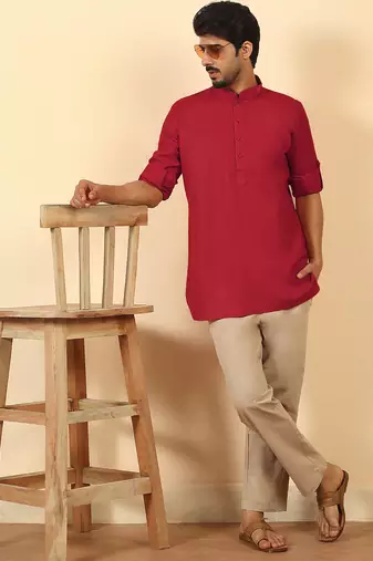 cotton blend solid red short kurta