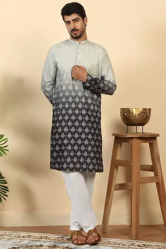 ombre printed mandarin collar straight black kurta 