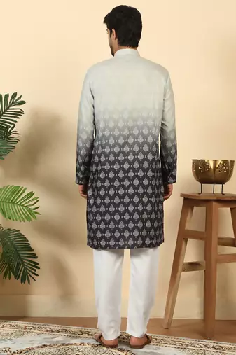 ombre printed mandarin collar straight black kurta 