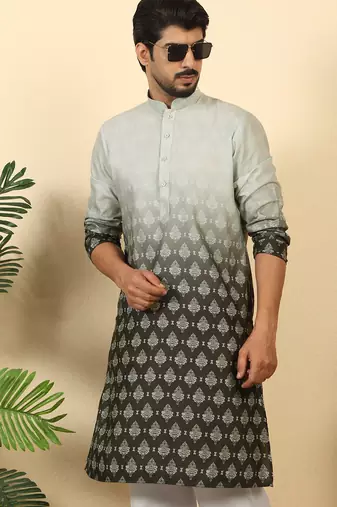 ombre printed mandarin collar straight black kurta 