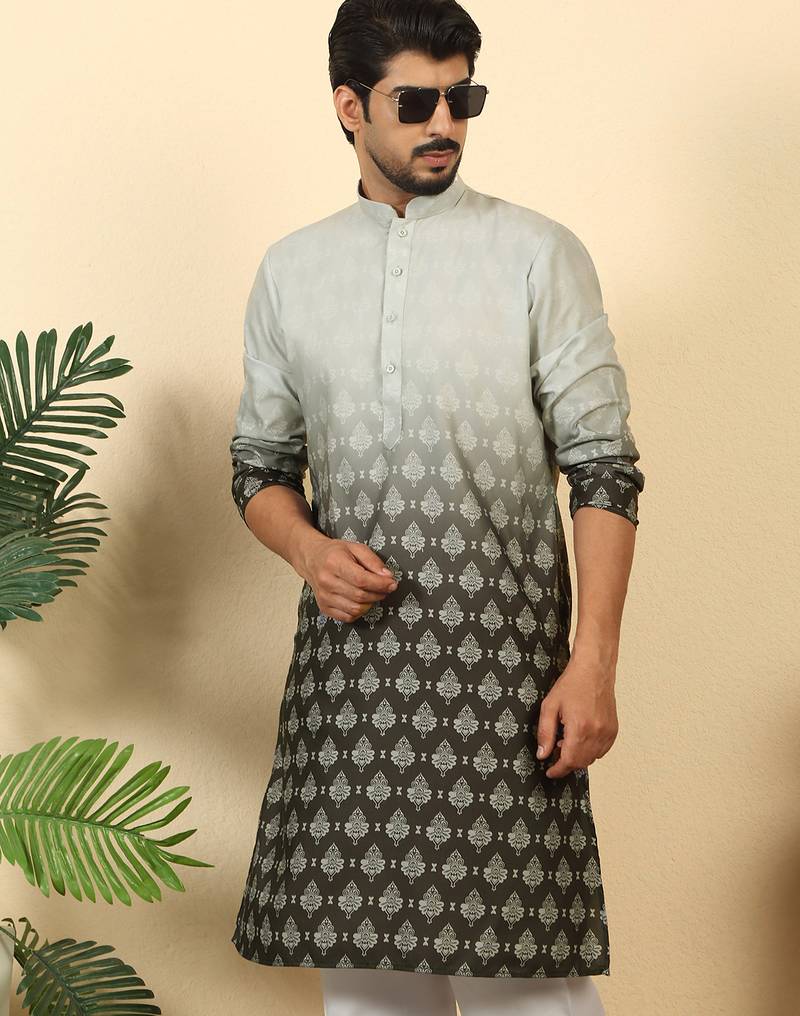 ombre printed mandarin collar straight black kurta 