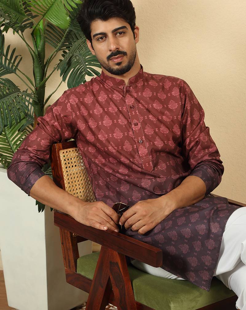 ombre printed mandarin collar straight maroon kurta 