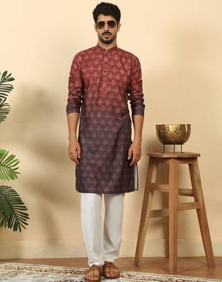 ombre printed mandarin collar straight maroon kurta  2